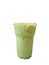Green tea matcha beverage with milk and ice in round glass isolated on white.