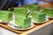 Green tea matcha cake slices with leaf