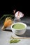 Green tea matcha latte with bamboo chasen and bamboo spoon in a bowl on gray marble with beautiful oleander flowers. Japanese tea