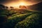 Green Tea Plantation at Sunrise with Tea Plants in the shining rays of the sun. Chinese Green Tea Landscape. Ai generated