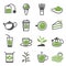 Green tea, teapot, sprout, cup, teabag, glass color line icons set isolated on white.