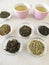Green tea varieties and two cups of tea