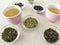 Green tea varieties and two cups of tea