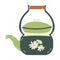 Green teapot with a pattern of daisies and a wooden handle. Utensil. Kitchenware. Vector kettle