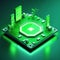 Green technology concept: Earth icon on circuit board, symbolizing environmental innovation and computer chip advancements.