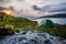 Green tent at sunset. Romantic place, Scotland.