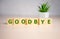 green text Goodbye Word Written In Wooden Cube