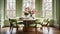 Green themed dining room designer round table wood upholstered dining chairs oak laminate flooring large Bay Generative AI