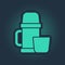 Green Thermos container and cup icon isolated on blue background. Thermo flask icon. Camping and hiking equipment