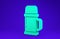 Green Thermos container icon isolated on blue background. Thermo flask icon. Camping and hiking equipment. 3d