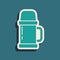 Green Thermos container icon isolated on green background. Thermo flask icon. Camping and hiking equipment. Long shadow