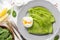 Green thin pancakes with spinach, poached egg, sour cream, lemon