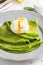 Green thin pancakes with spinach, poached egg, sour cream, lemon