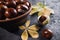 Green and thorny horse chestnut fruits in interior.