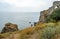 Green Thracian cliffs, Cape Kaliakra, Black sea water, bulgarian coastline