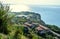 Green Thracian cliffs near blue clear water of Black Sea, hotels