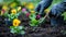 Green thumb at work: Gardener planting pansies with flowerpots and tools