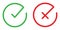 Green tick and red cross. Round checkmark icon. Yes and no symbol. Simple thin correct and incorrect sign. Correct and incorrect