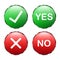 Green tick and red cross. Yes or no. 3D button with shadow on a white background with a metal outline. True or false. Buttons for