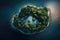 Green tiny island covered with trees in the sea, top view. Generative AI