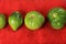 Green tomatoes ripen on a red fabric. group of green tomatoes on top of a fabric