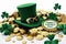 Green top hat sunglasses and a sign that says Happy St. Patrick\\\'s Day are surrounded by gold coins