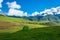 Green tourist tent in the mountains of Kyrgyzstan.