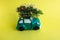Green toy car-piggy Bank, carrying a Christmas tree on the roof with a garland on a yellow background