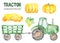 Green tractor, trailer, haystack, hay, pumpkin watercolor clipart