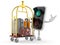 Green traffic light character with hotel luggage cart