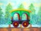 Green train retro cartoon watercolor painting travel in christmas pine tree forest illustration design hand drawing