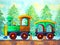 Green train retro cartoon watercolor painting travel in christmas pine tree forest illustration design hand drawing