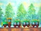 Green train retro cartoon watercolor painting travel in christmas pine tree forest illustration design hand drawing