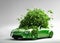 Green transition concept, electric car with lush green growth. AI generated