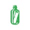 Green transparent glass bottle with rolled paper letter message inside hand drawn grunge texture