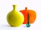 Green transparent glass bottle vase and orange glazed ceramic vase, Pottery vases for home decor
