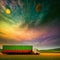 green transport truck driving through a blurred green meadow at sunrise. Ai generative