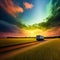 green transport truck driving through a blurred green meadow at sunrise. Ai generative