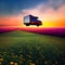 green transport truck driving through a blurred green meadow at sunrise. Ai generative