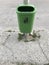 Green trash can on the street.  Clean city.  Box, ecology.