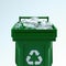 Green Trash dumpster for plastic with white recycling symbol on white background. 3d rendering