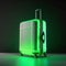 Green travel suitcase on a dark background. 3D rendering. Neon light