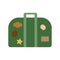 Green travel suitcase with stickers in flat style illustration. Empty clean retro luggage