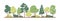 Green tree border. Forest foliage and coniferous plants in row. Mixed wood panorama with stylized fir, poplar trunks and