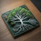 Green tree on computer chip, technology meets nature, circuit board, roots resembling wires, blending, environmental tech -