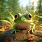 Green tree frog in natural environment. Cute creature front view. Digital illustration