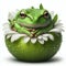 A green tree frog sits atop a green apple, which is wrapped in a white flower.