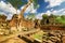 Green tree growing among ruins of Preah Khan temple in Angkor