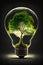 Green tree inside light bulb, altenative energy concept. Generative AI