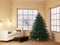 A green tree stands in the living room. Beautiful interior with wooden elements. 3d render